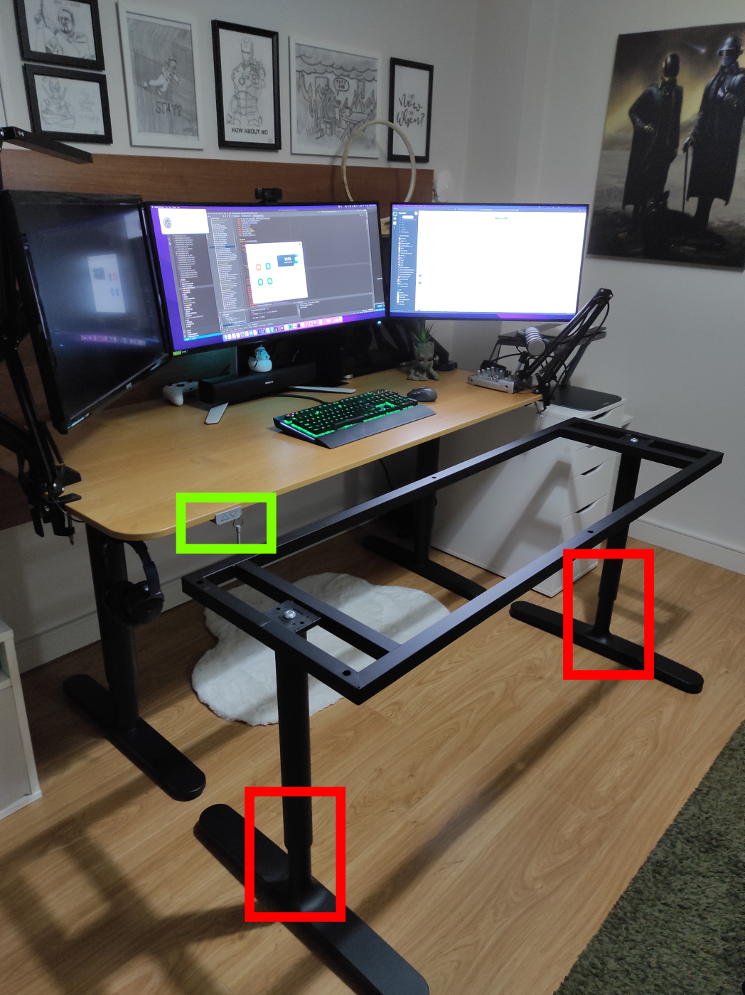 I've used IKEA's BEKANT desk for years, adjustable in height with an Allen key (see red squares). I recently upgraded the underframe to its motorized version, which makes it an excellent standing desk (see green square).