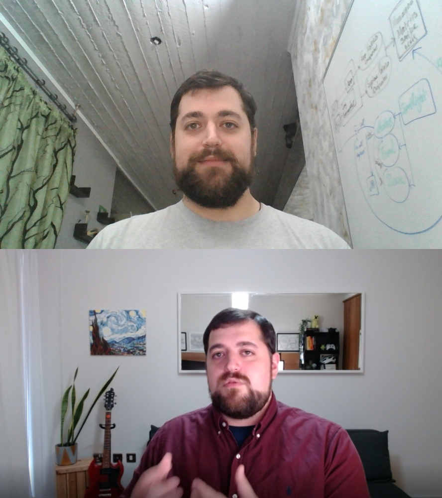 Laptop camera vs. external camera positioned at eye level. Can you see the difference?